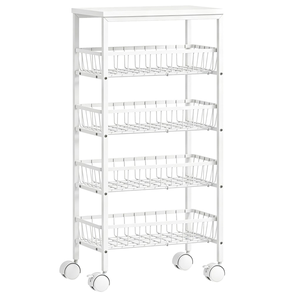 Chariot de rangement quatre paniers roulettes pivotantes métal blanc Chariot de rangement quatre paniers roulettes pivotantes métal blanc