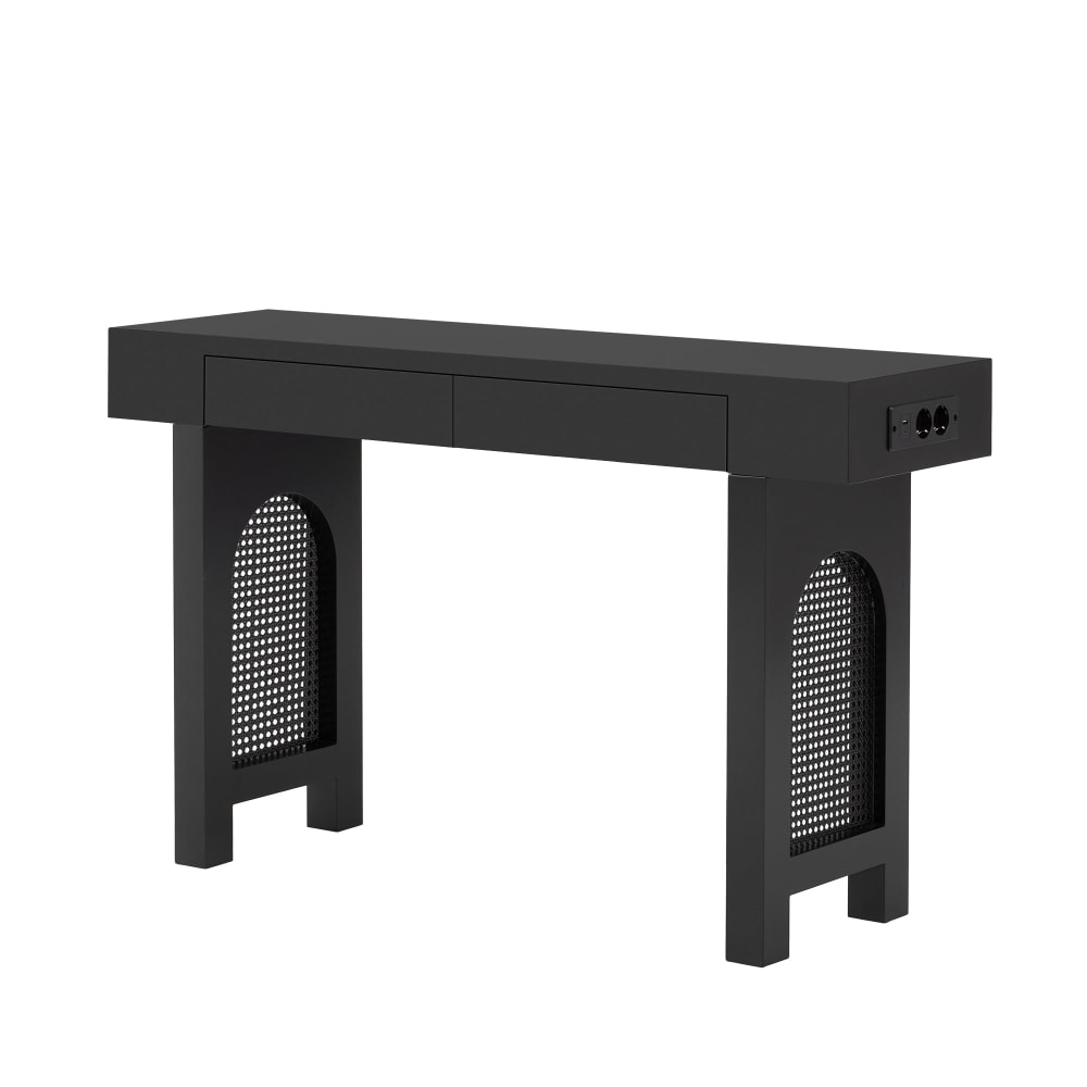 Console noire pieds en rotin 2 tiroirs et avec prises & usb Console noire pieds en rotin 2 tiroirs et avec prises & usb