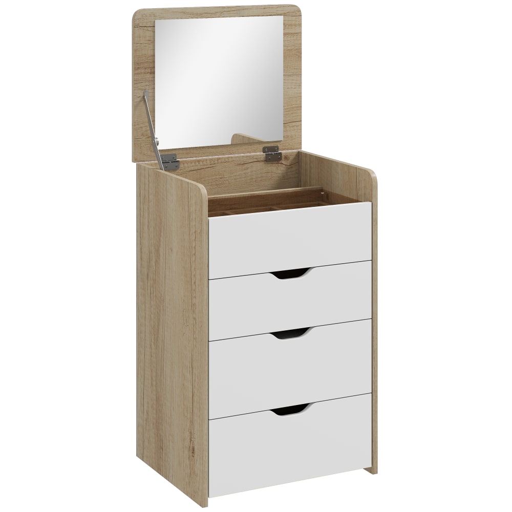 Coiffeuse avec miroir rabattable et tabouret de rangement bois chêne