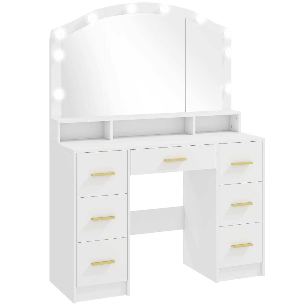 Coiffeuse avec miroir lumières réglable tiroirs bois blanc
