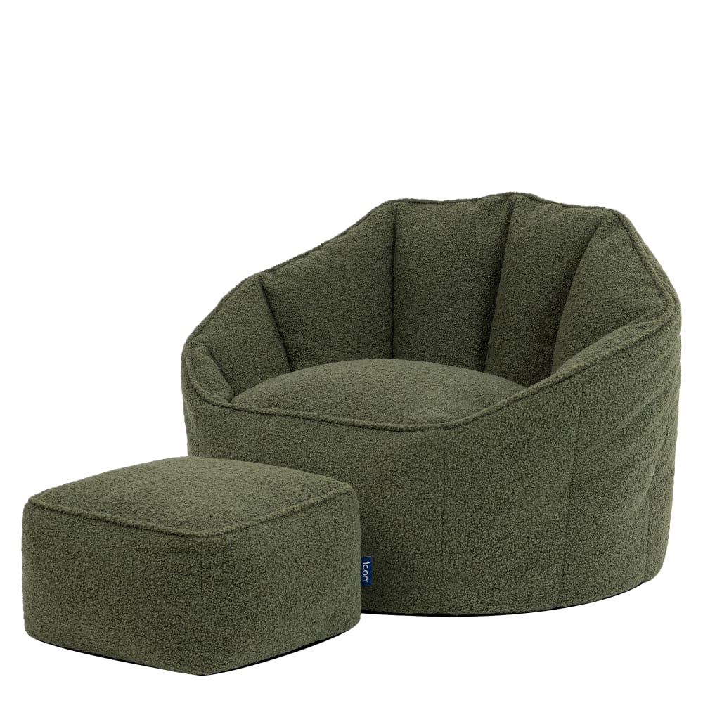 Pouf bouclette fauteuil coquillage avec repose-pied carré, vert olive Pouf bouclette fauteuil coquillage avec repose-pied carré, vert olive