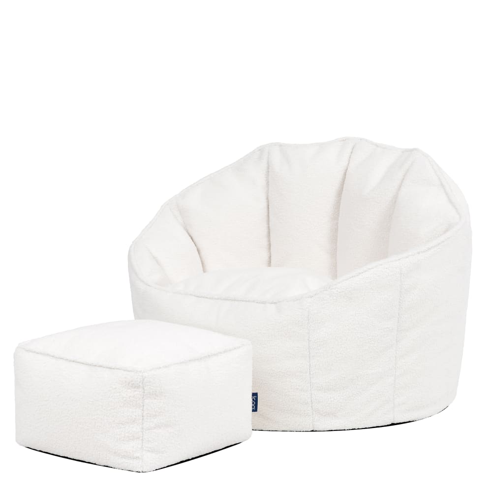 Pouf bouclette fauteuil coquillage avec repose-pied carré, ivoire