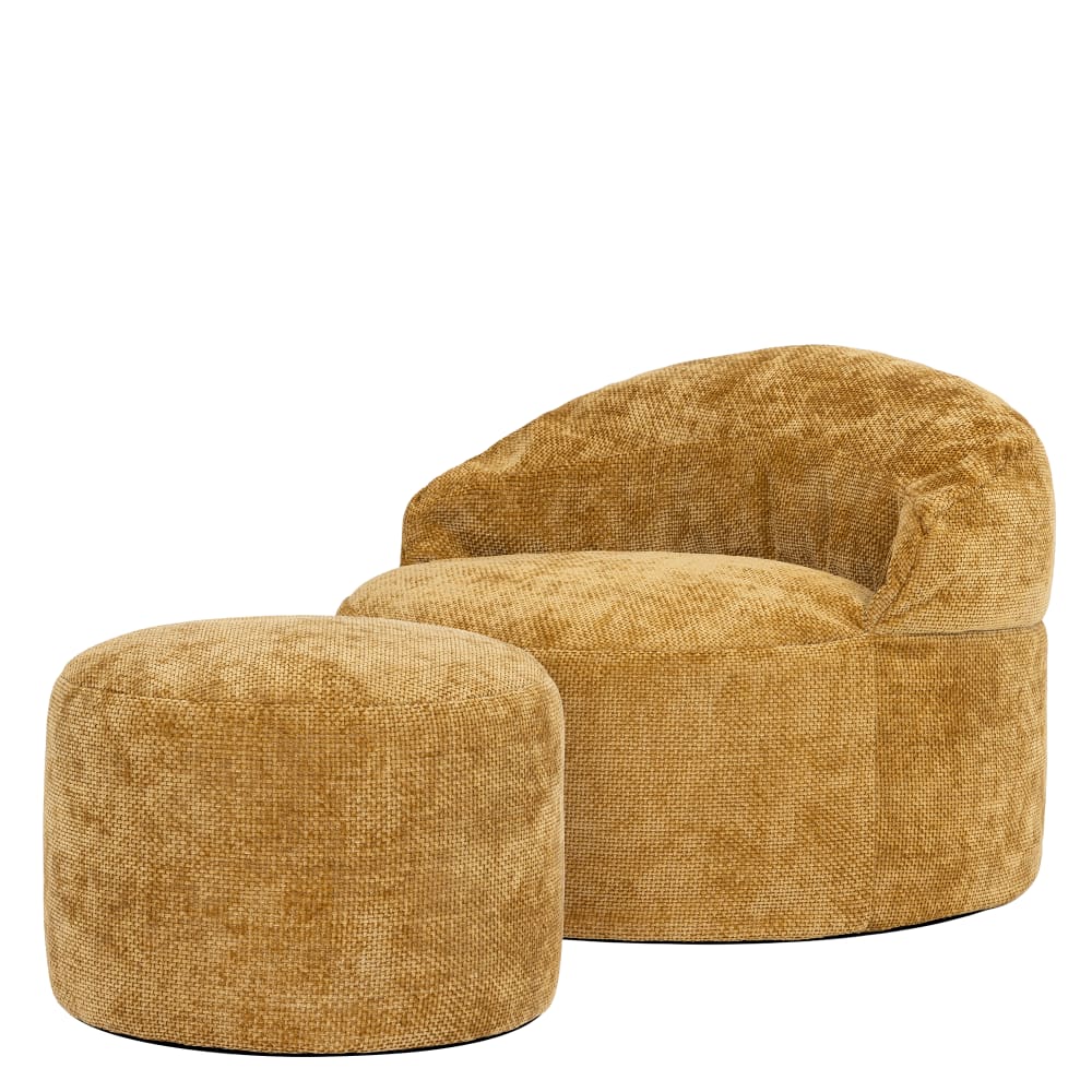 Pouf poire fauteuil avec repose-pied rond en tissu chenille, moutarde
