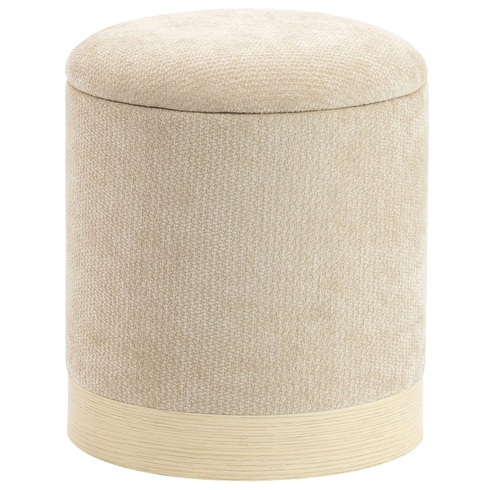 Pouf de rangement rond avec base en métal effet bois chenille beige