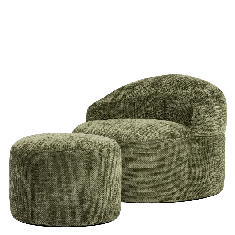 Pouf poire fauteuil avec repose-pied rond, tissu chenille, vert olive
