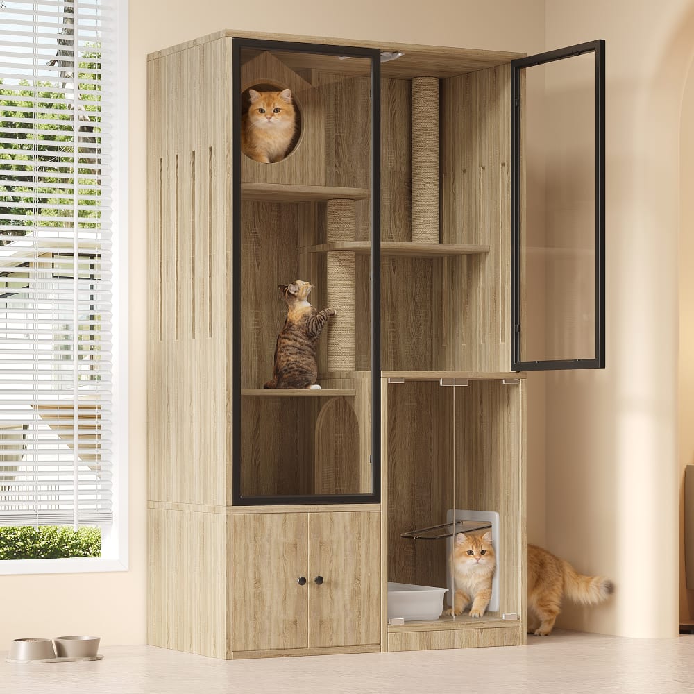 Große Katzenvilla mehrstöckig aus Naturholz, 90 cm - Maisons Du