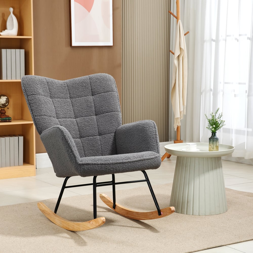 Fauteuil à bascule design acier bois effet laine bouclée anthracite