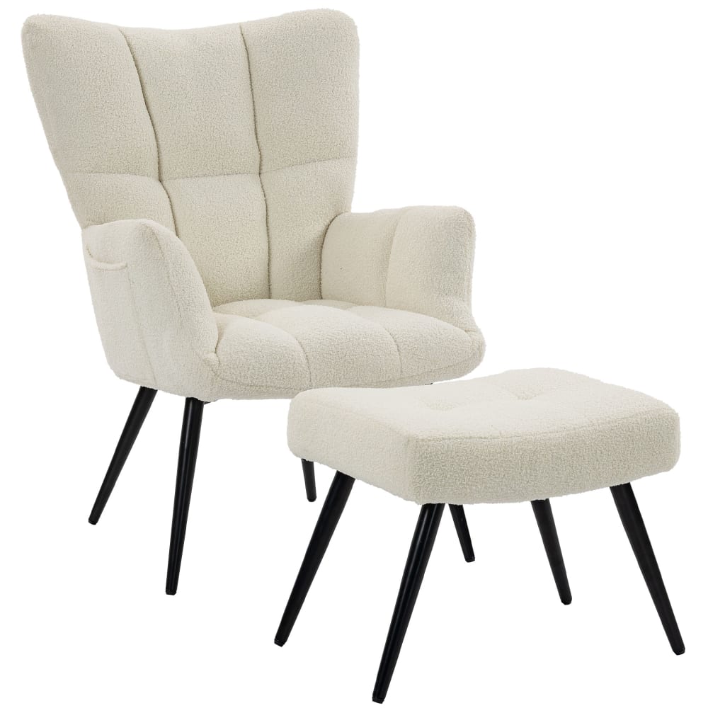 Fauteuil de salon avec repose-pieds dossier haut peluche teddy beige