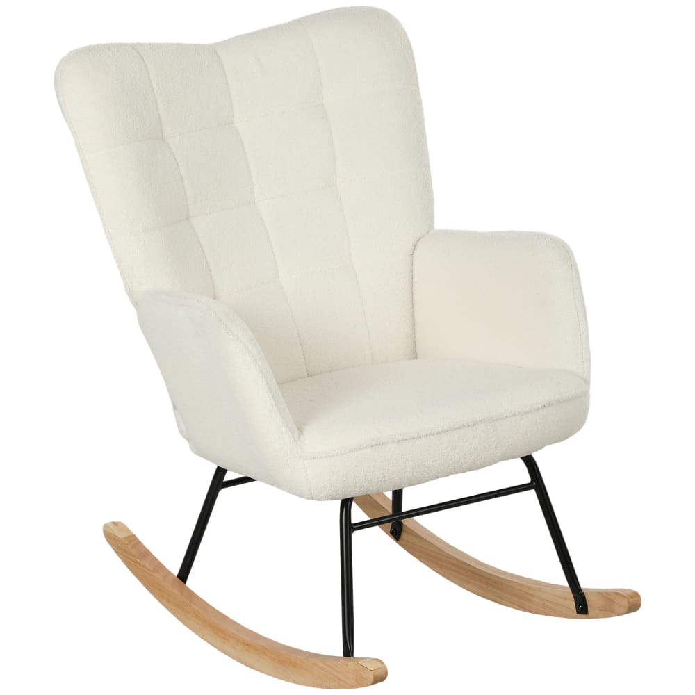 Fauteuil à bascule revêtement bouclette acier et bois massif blanc
