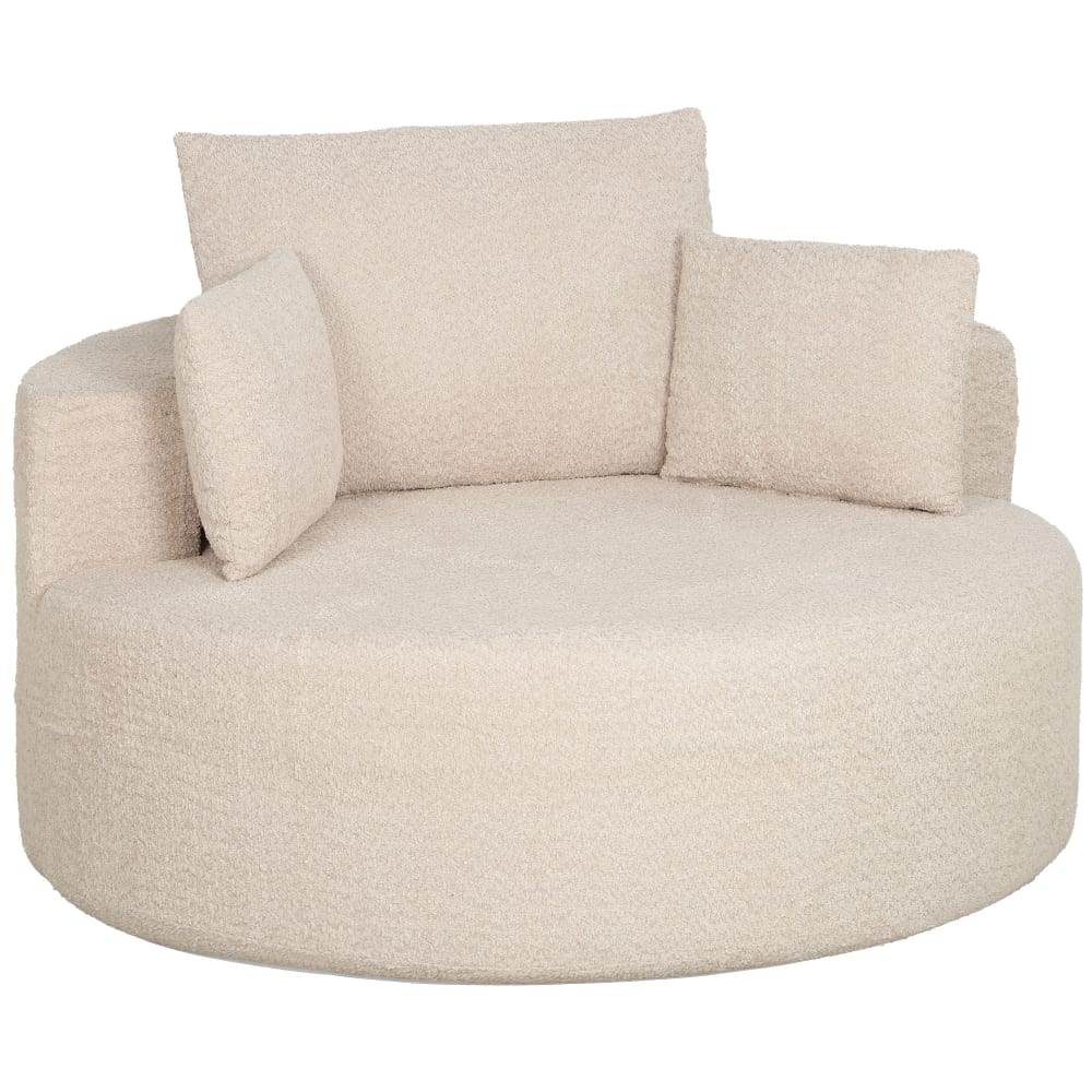 Pouf canapé rond coussins dossier traversin chenille crème Pouf canapé rond coussins dossier traversin chenille crème