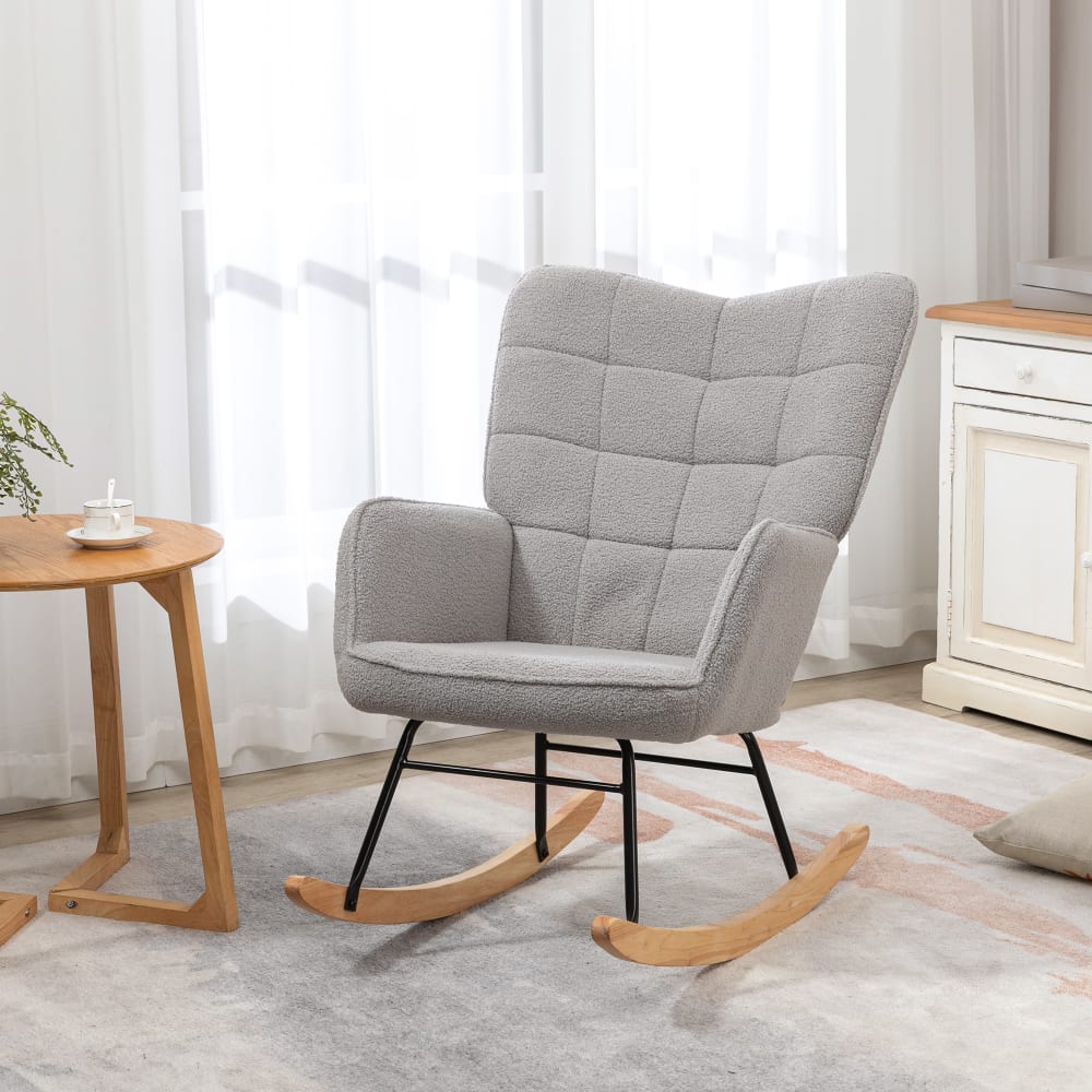 Fauteuil à bascule design acier bois effet laine bouclée gris