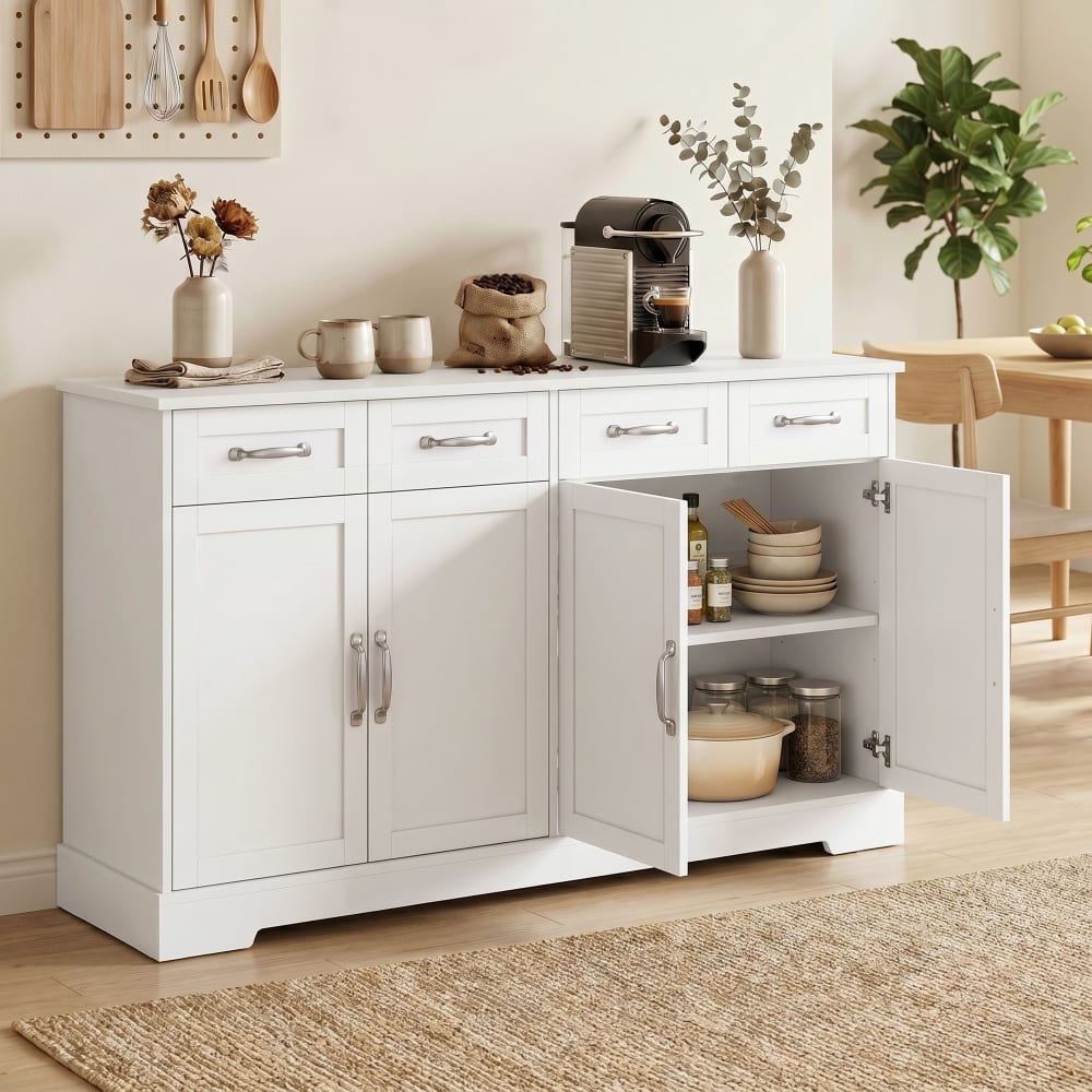 Buffet cuisine style shaker avec étagères réglables bois blanc