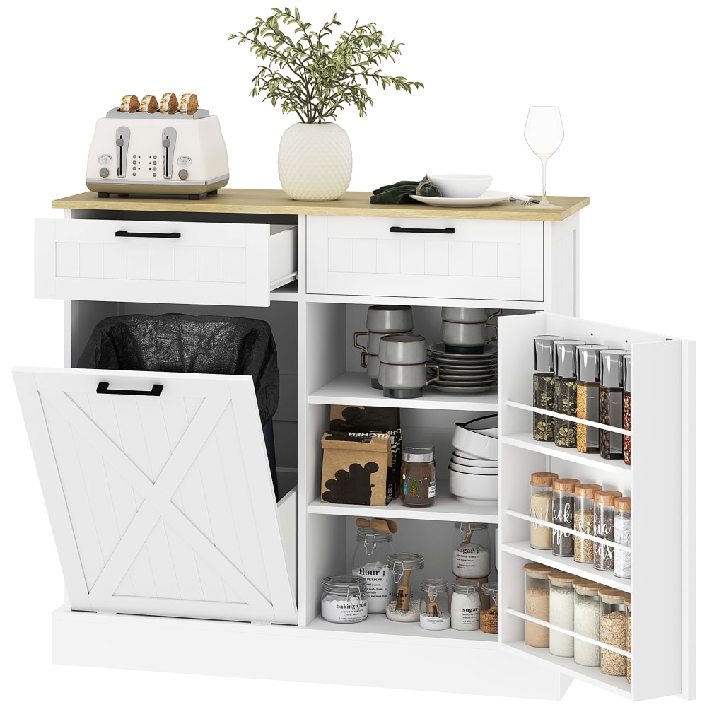 Buffet homcom avec poubelle inclinable, tiroirs, étagères