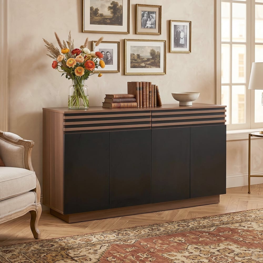 Modernes Sideboard mit 4 Türen für das Esszimmer, Schwarz -