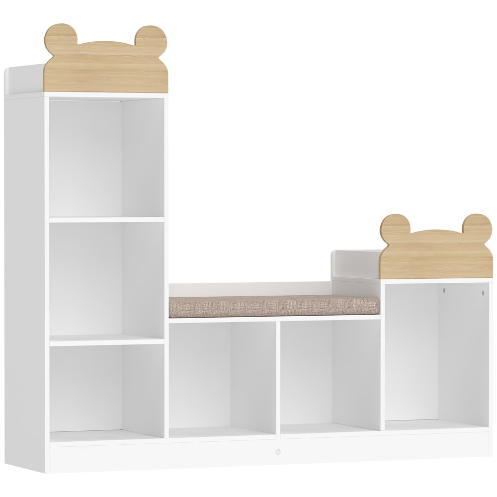 Bibliothèque enfant banc 6 compartiments coussin d'assise bois blanc