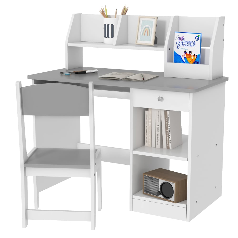 Ensemble bureau, chaise, étagère enfant multi-rangement gris Ensemble bureau, chaise, étagère enfant multi-rangement gris
