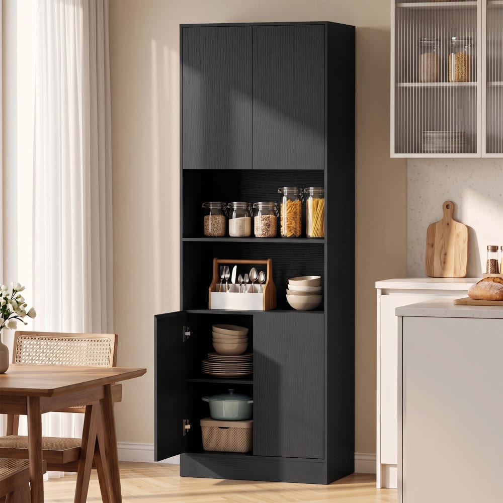 Armoire de cuisine 4 portes 2 compartiments ouverts bois noir
