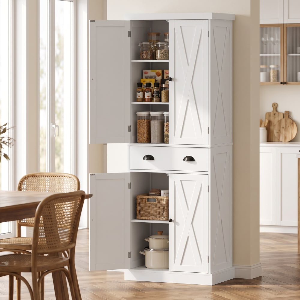 Armoire de cuisine avec 4 portes tiroir étagères réglables bois blanc