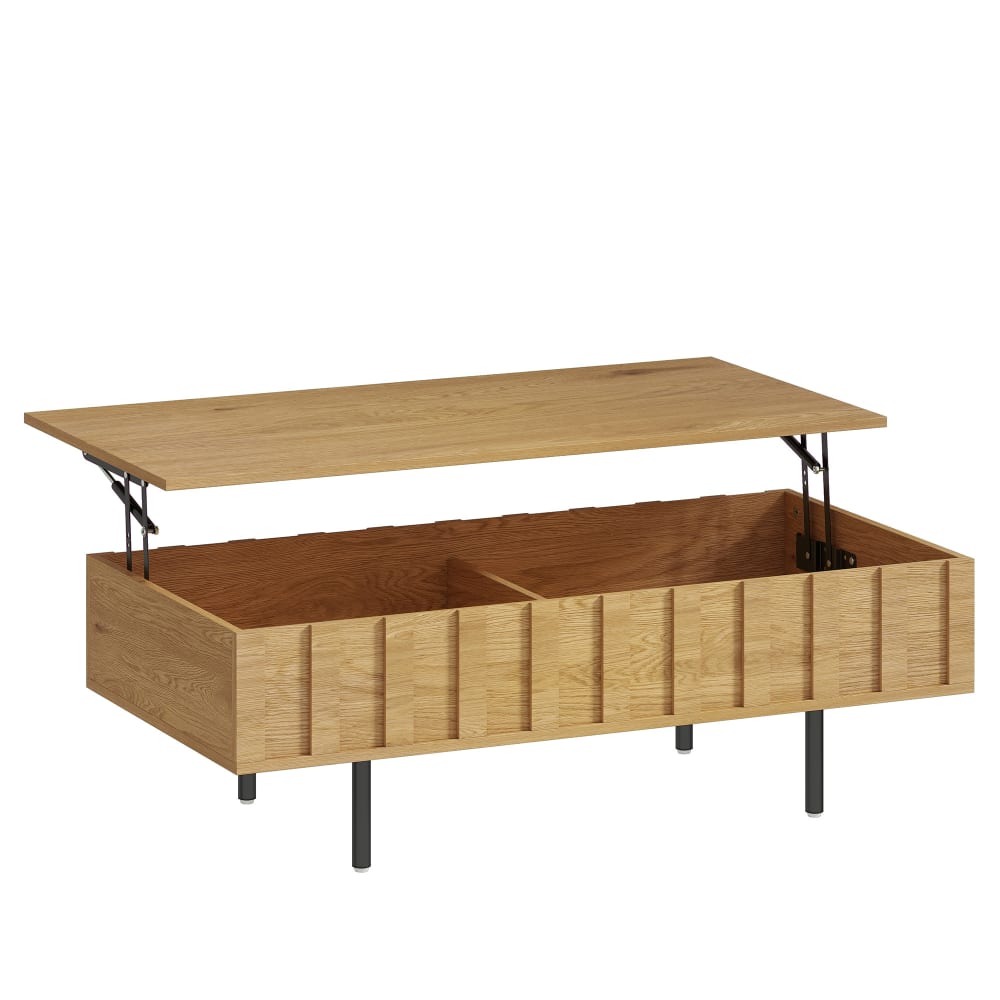 Table basse relevable style mid century rangements cachés bois chêne