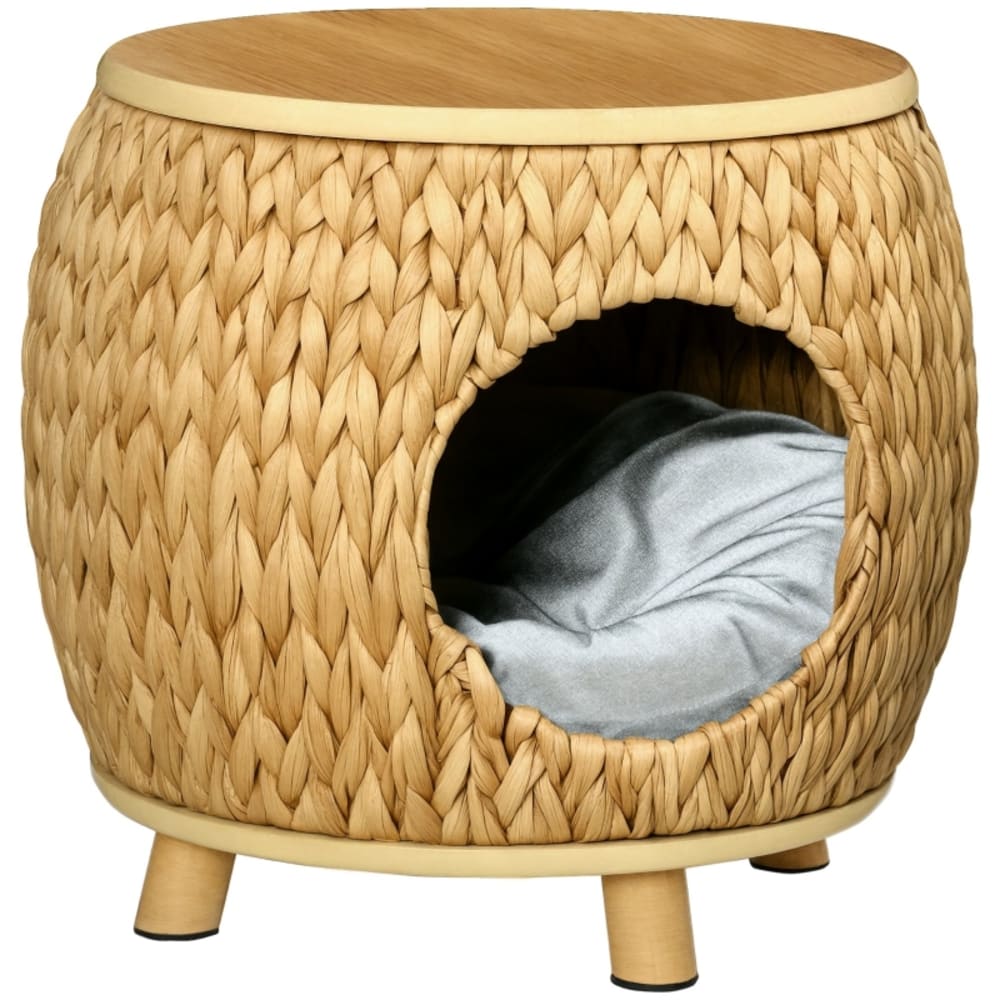 Maison pour chat en jacinthe d'eau et bois avec coussin 44 cm
