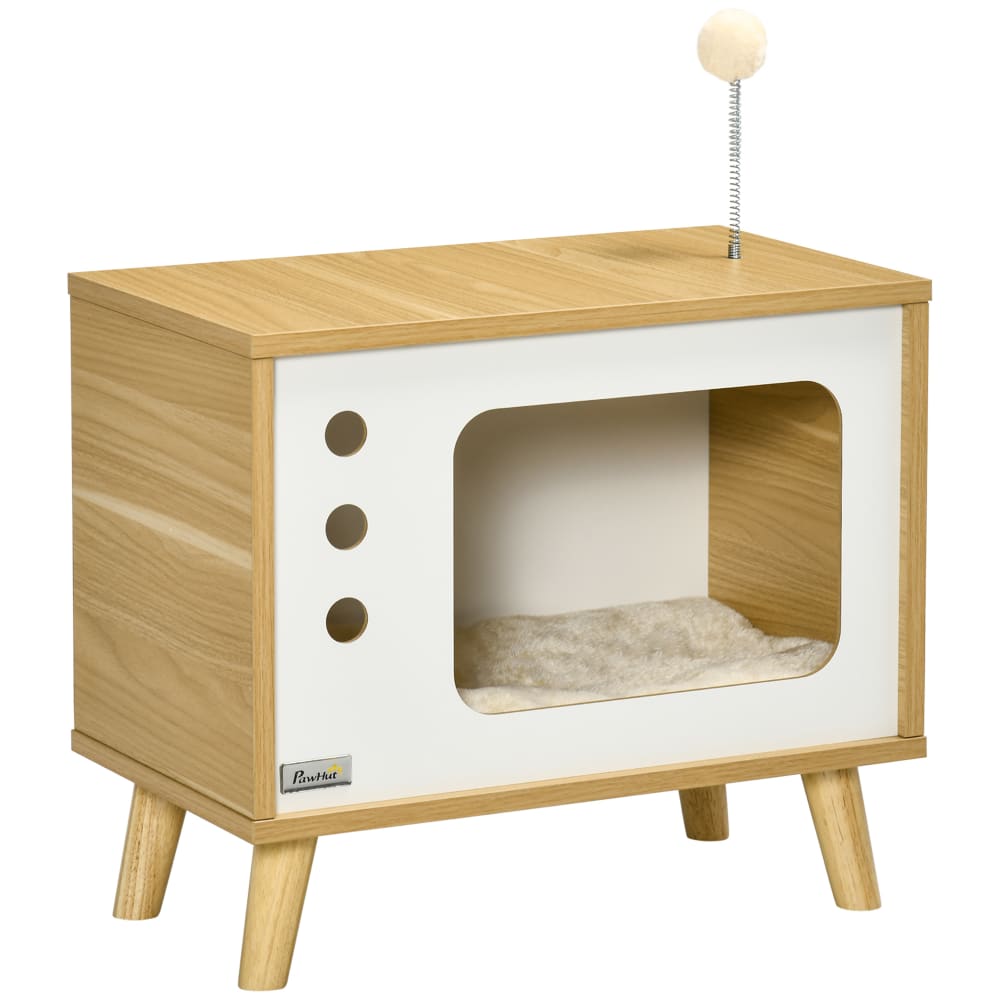 Maison pour chat design tv avec coussin et jouet beige et bois 50 cm