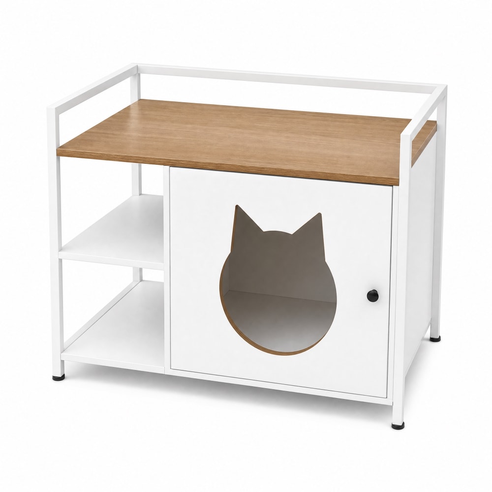 Meuble litière chat et table d'appoint 2 étagères blanc et bois 76 cm