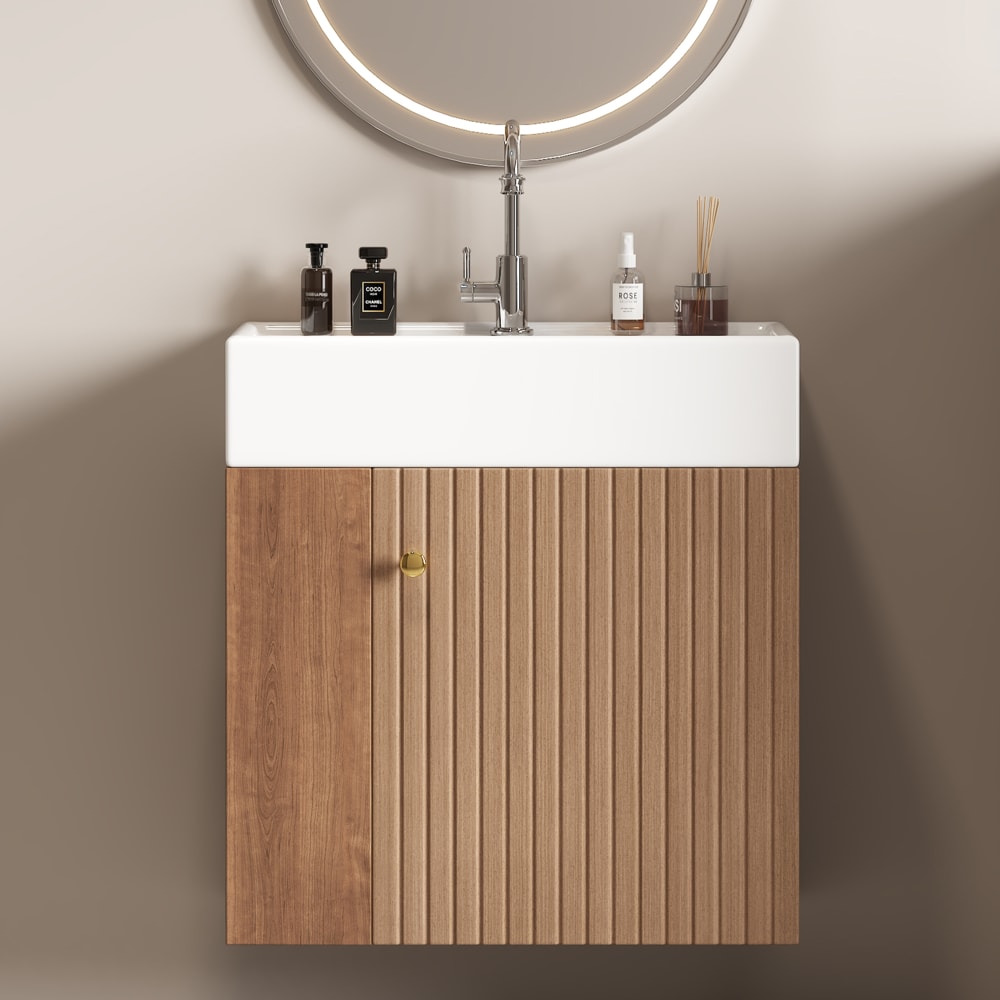 Hängender 55 cm Waschtisch in Holzoptik mit Waschbecken und