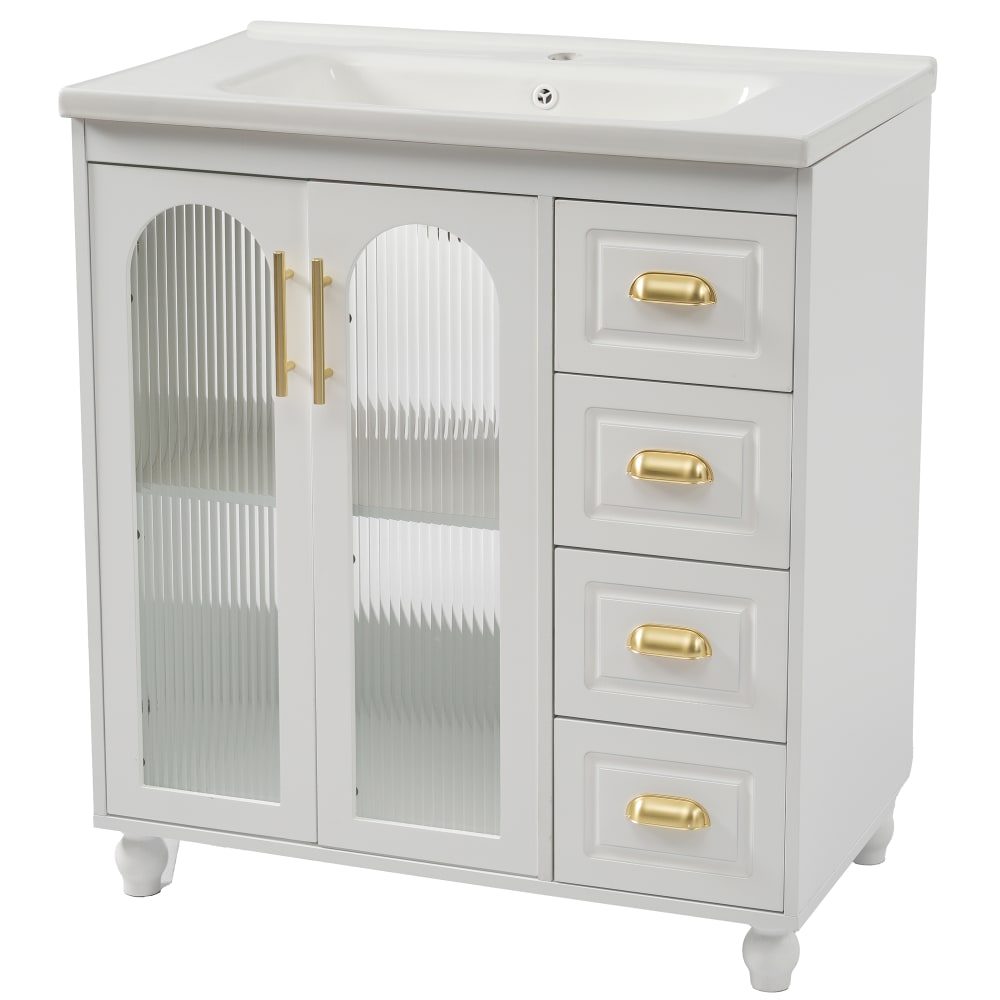 Meuble sous-vasque 80 cm blanc avec vasque, portes vitrées et tiroirs
