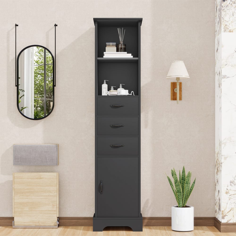 Schwarzer Hochschrank, 172 cm, MDF, mit offenen Fächern und