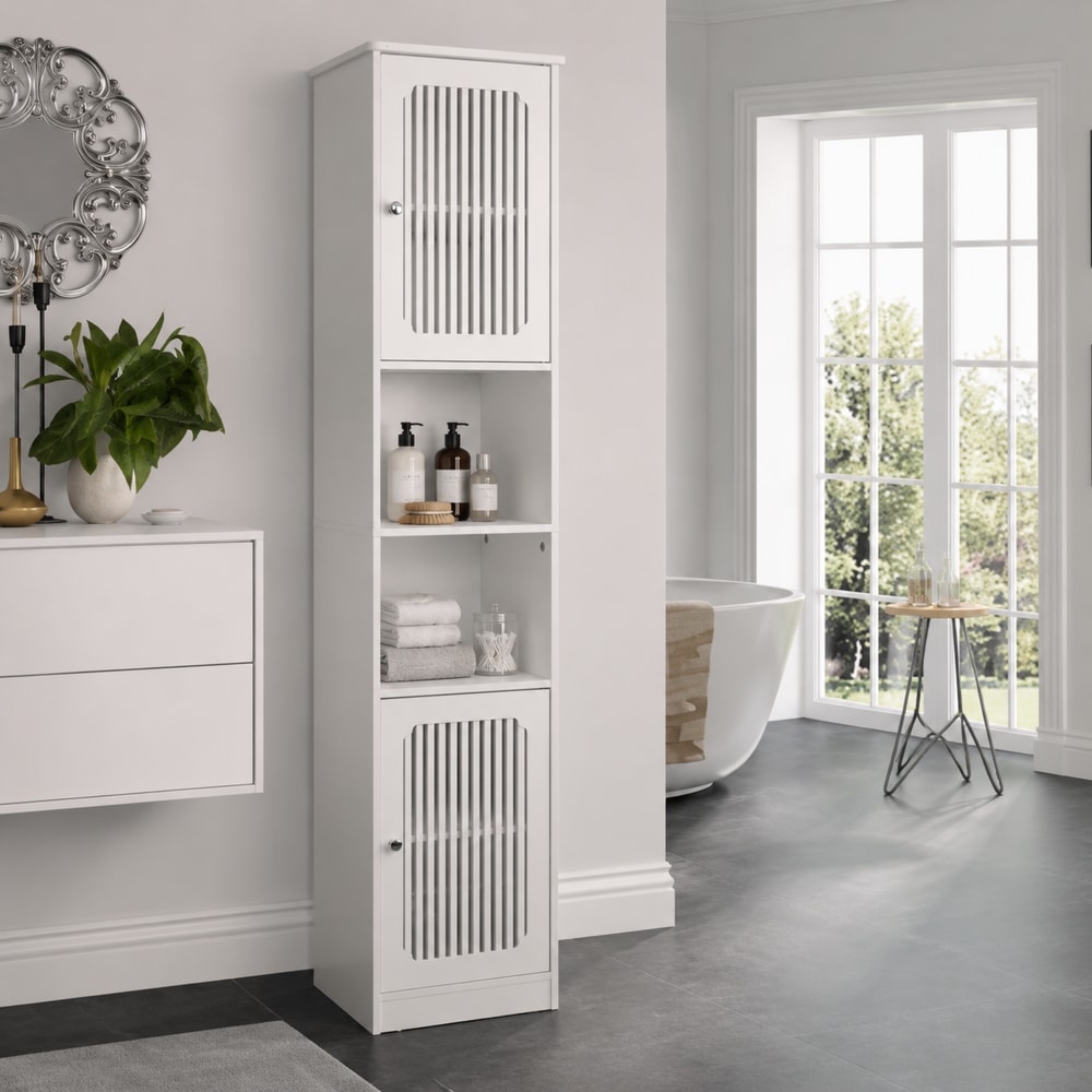 Weißer Badezimmerschrank, 163 cm hoch, mit Lamellentür - Maisons