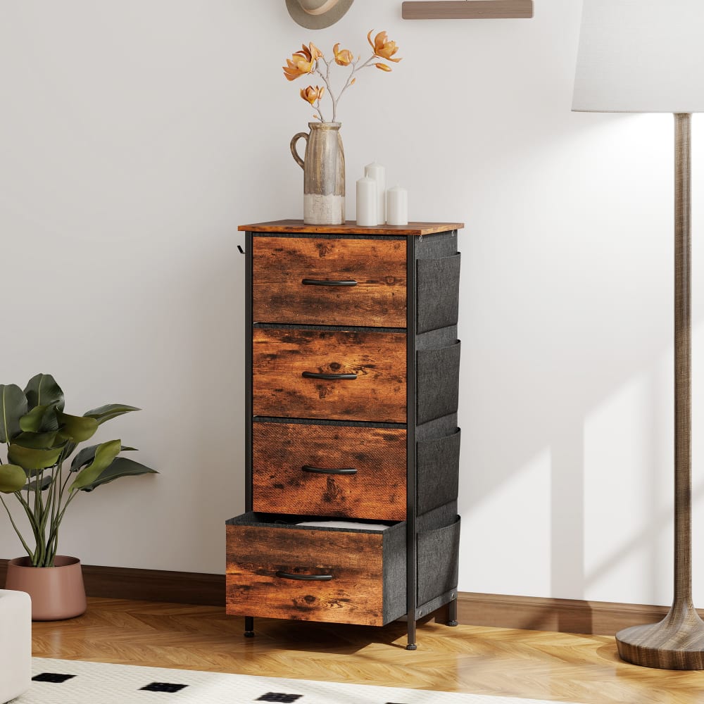 Commode 4 tiroirs en tissu cadre en acier brun rustique