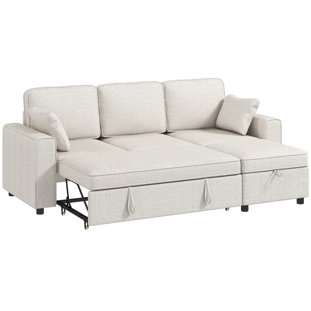 Canapé d'angle convertible 3 places pouf de rangement chenille beige Canapé d'angle convertible 3 places pouf de rangement chenille beige