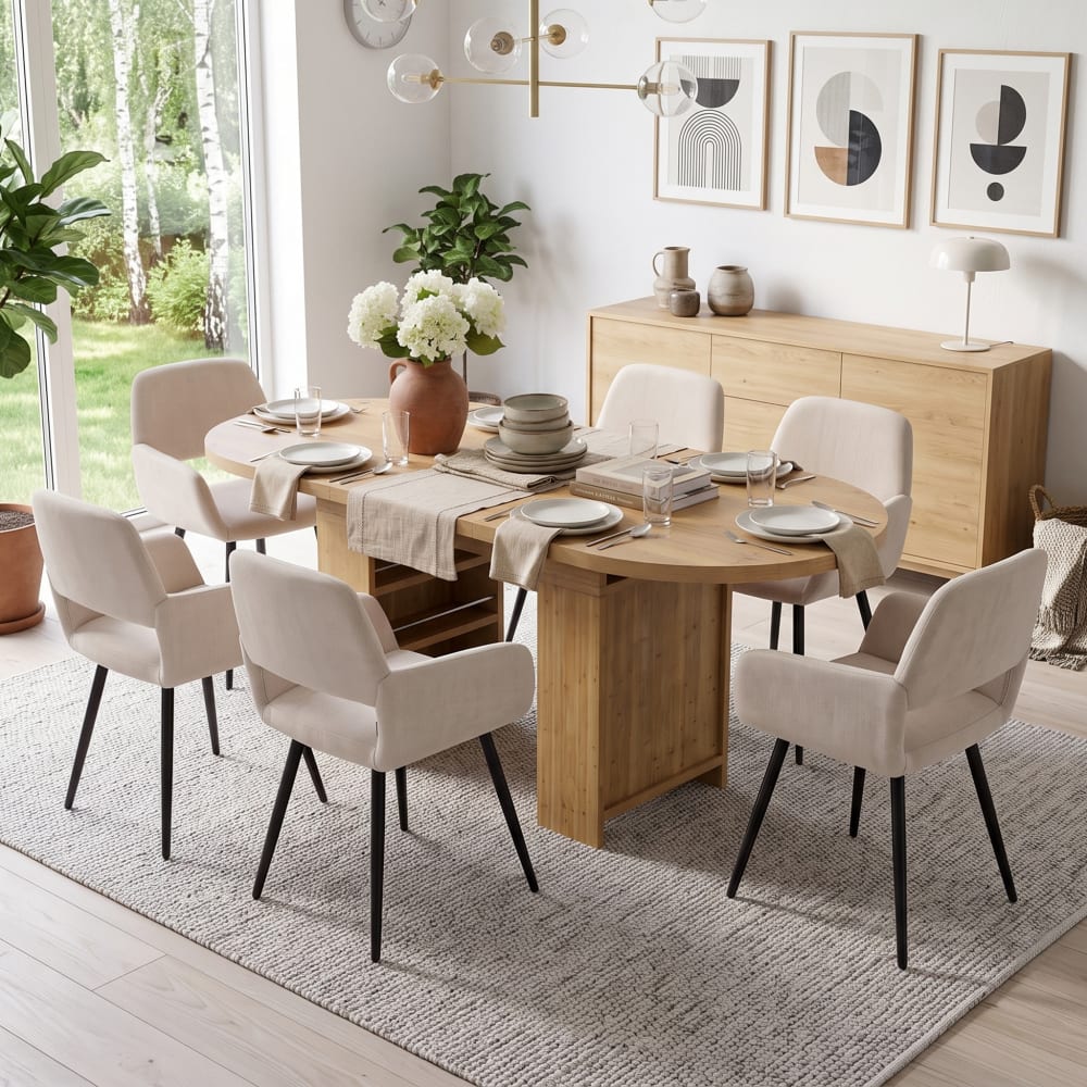 Ausziehbarer Esstisch 200 cm mit 6 Stühlen, Beige & Metall -