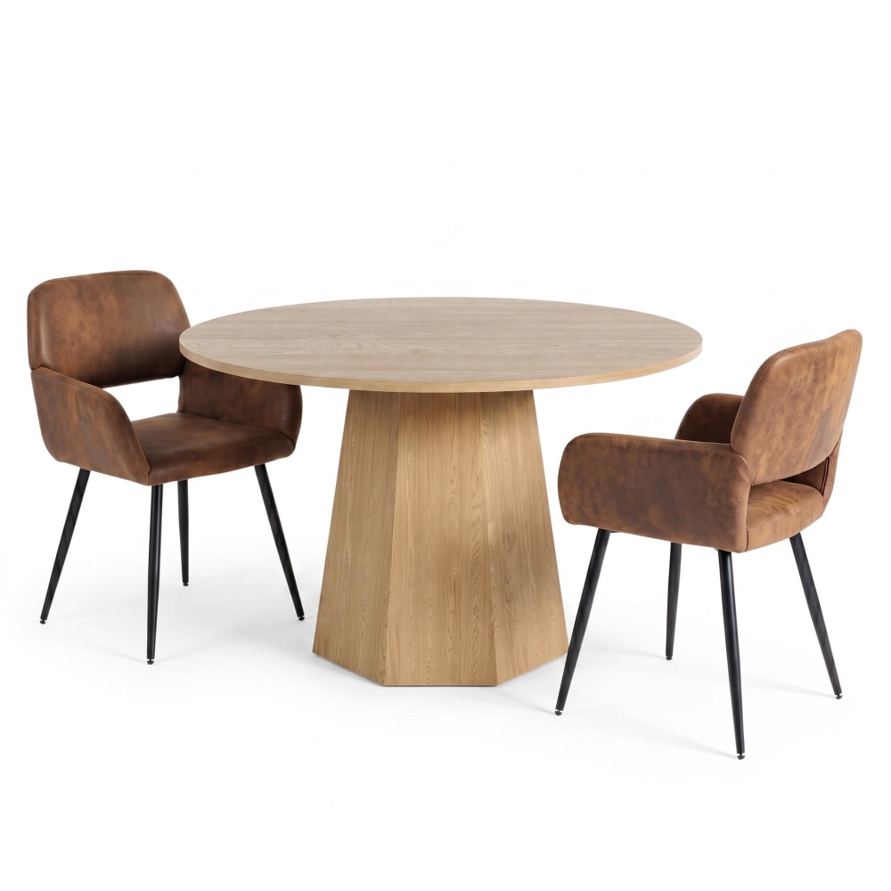 Ensemble table ronde 120 cm et 2 chaises marron effet cuir et métal
