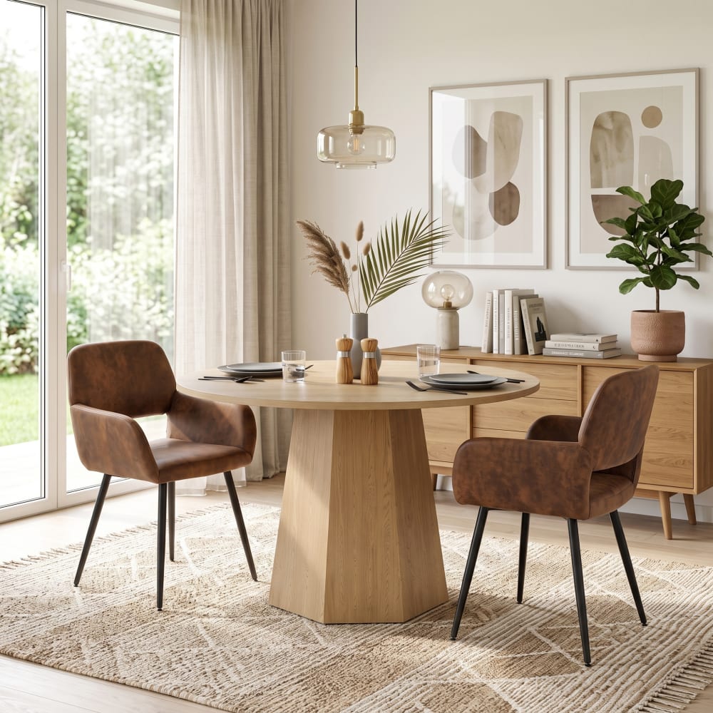 Esstisch-Set, rund 120 cm, mit 2 Stühlen in Lederoptik, Braun &