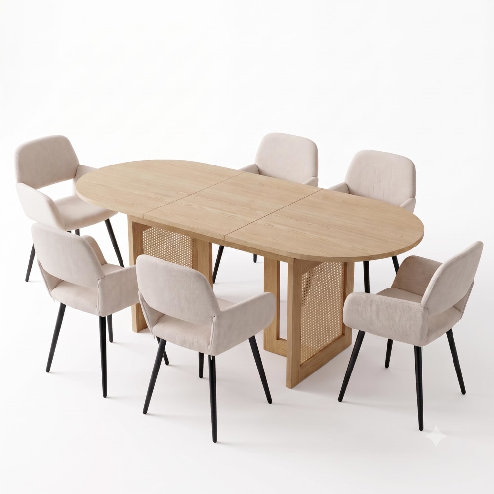 Ensemble table à manger extensible 200 cm et 6 chaises beige et métal Ensemble table à manger extensible 200 cm et 6 chaises beige et métal