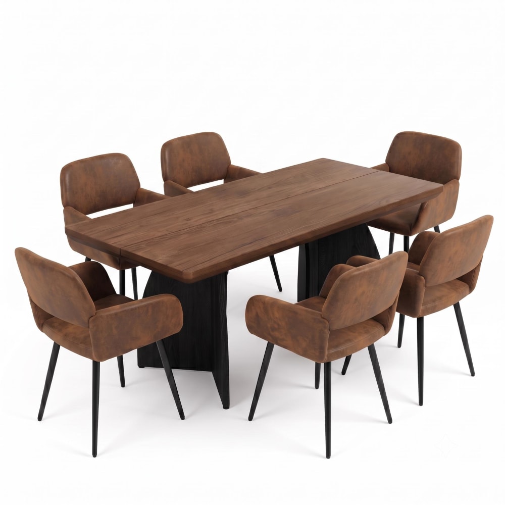Ensemble table rectangulaire 160 cm et 6 chaises marron effet cuir Ensemble table rectangulaire 160 cm et 6 chaises marron effet cuir