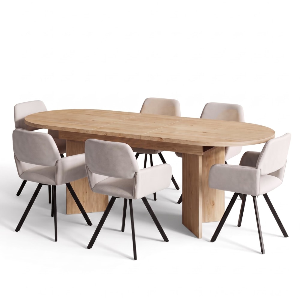 Urban Meuble Ausziehbarer Esstisch 160-200 cm mit 6 Stühlen, Beige & Metall Beige Spanplatte