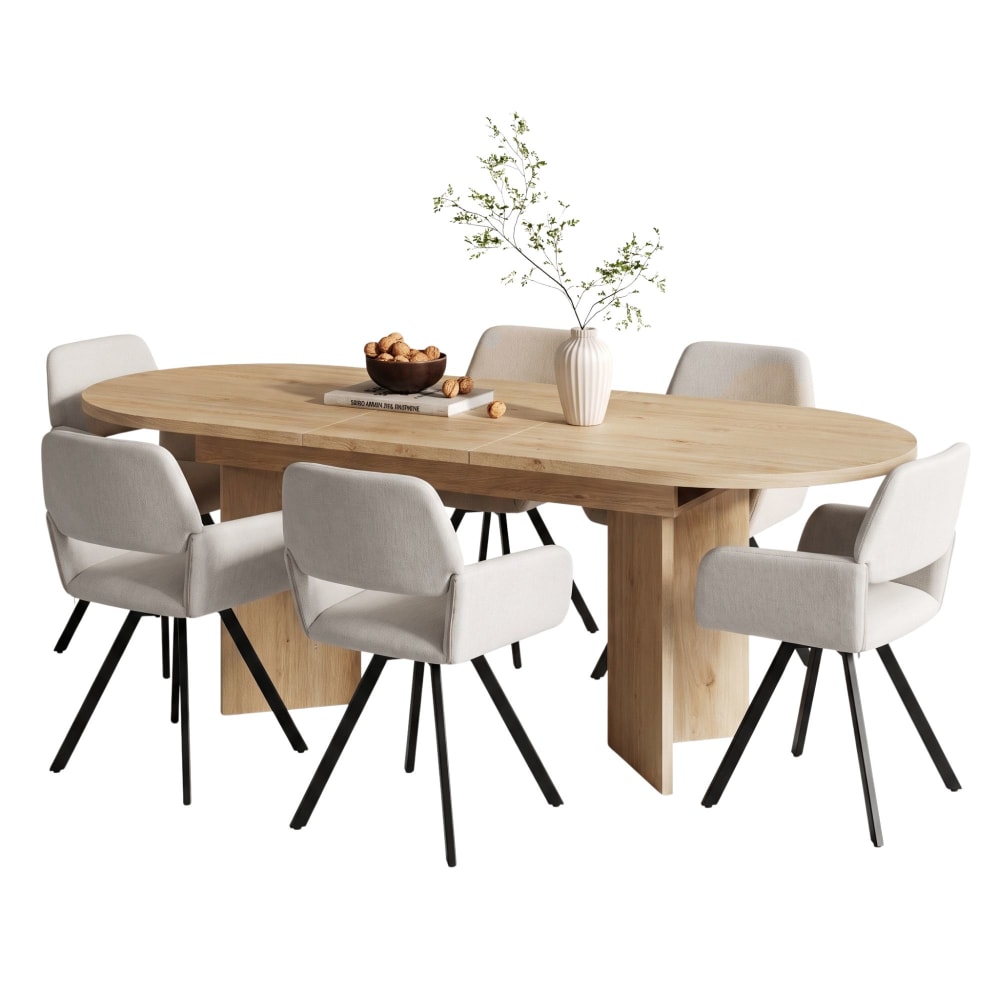 Ausziehbarer Esstisch 160-200 cm mit 6 Stühlen, Beige & Metall -