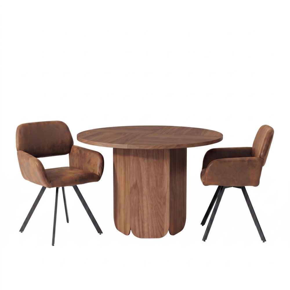 Urban Meuble Esstisch-Set, rund 120 cm, mit 2 Stühlen in Lederoptik, Braun style vintage Braun Spanplatte