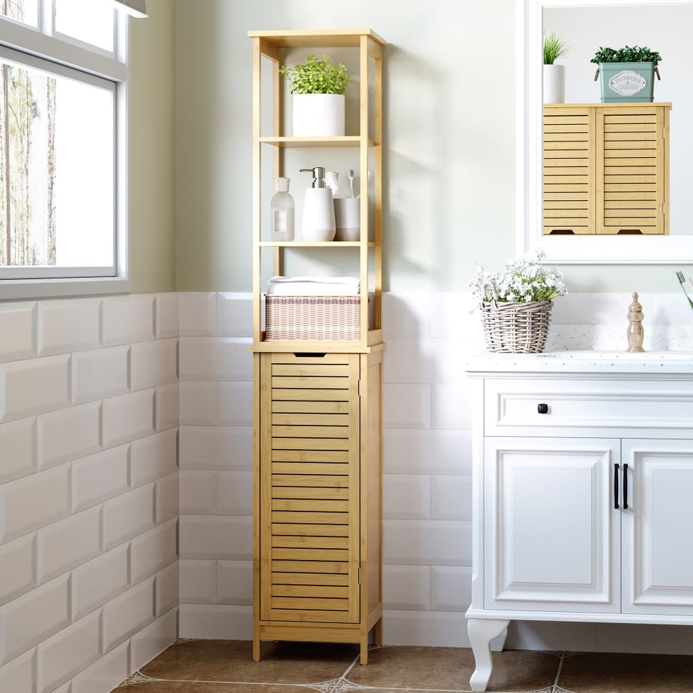 Bambus-Hochschrank, 173 cm, mit offenen Fächern und Tür - Maisons