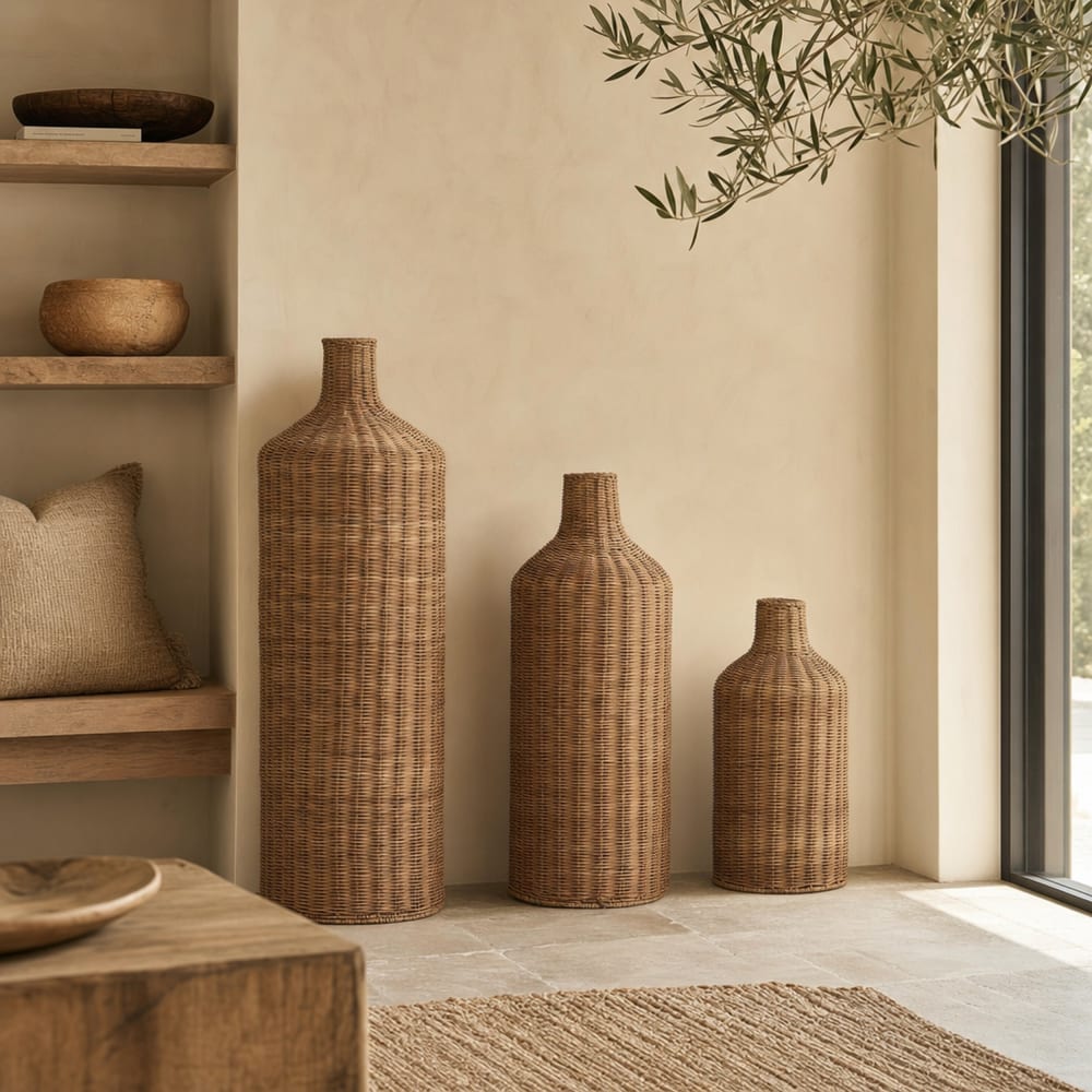 Ensemble de 3 vases en rotin et acier marron 25x25x82 cm