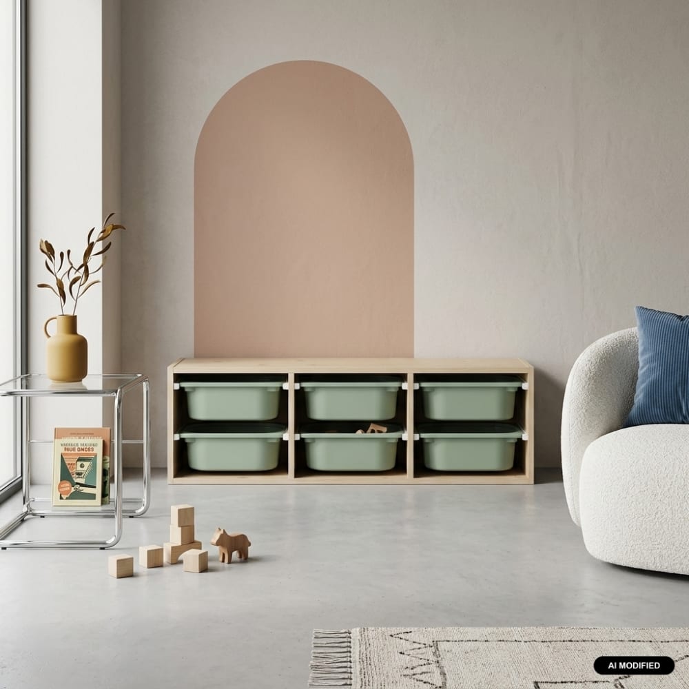 Meuble de rangement naturel pour enfant, 6 bacs vert de gris