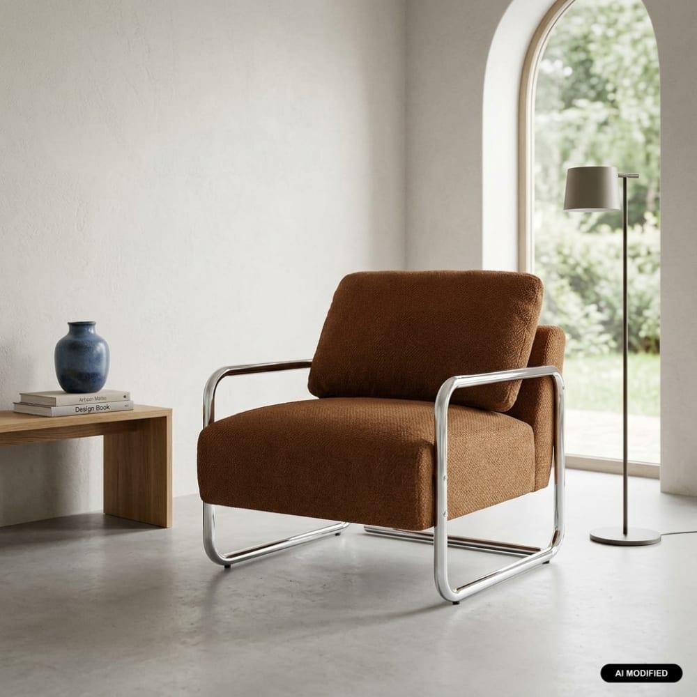 Fauteuil vintage tissu chenille armature chromée camel