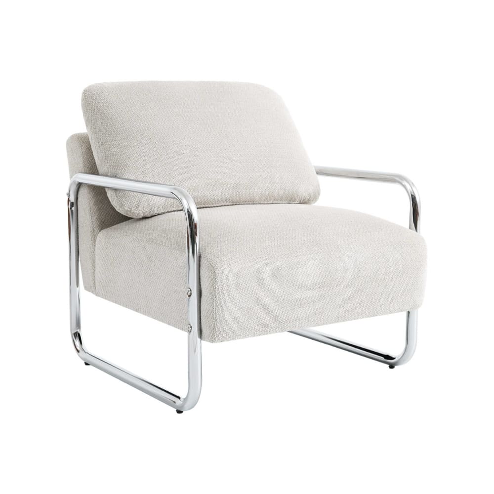 Fauteuil vintage tissu chenille armature chromée blanc cassé