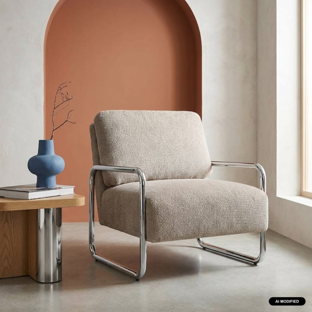 Fauteuil vintage tissu chenille armature chromée beige foncé