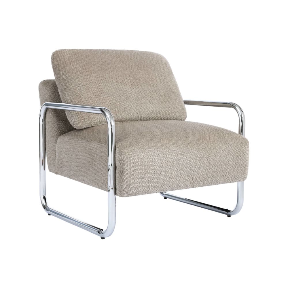Fauteuil vintage tissu chenille armature chromée beige foncé