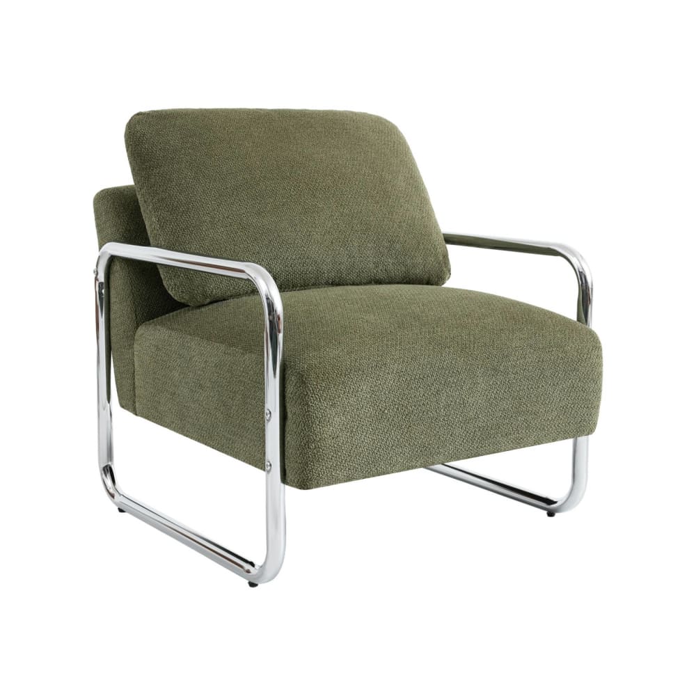 Fauteuil vintage tissu chenille armature chromée kaki