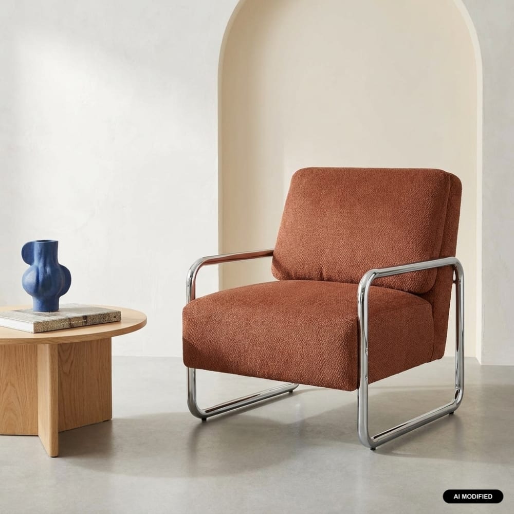Fauteuil vintage tissu chenille armature chromée brique