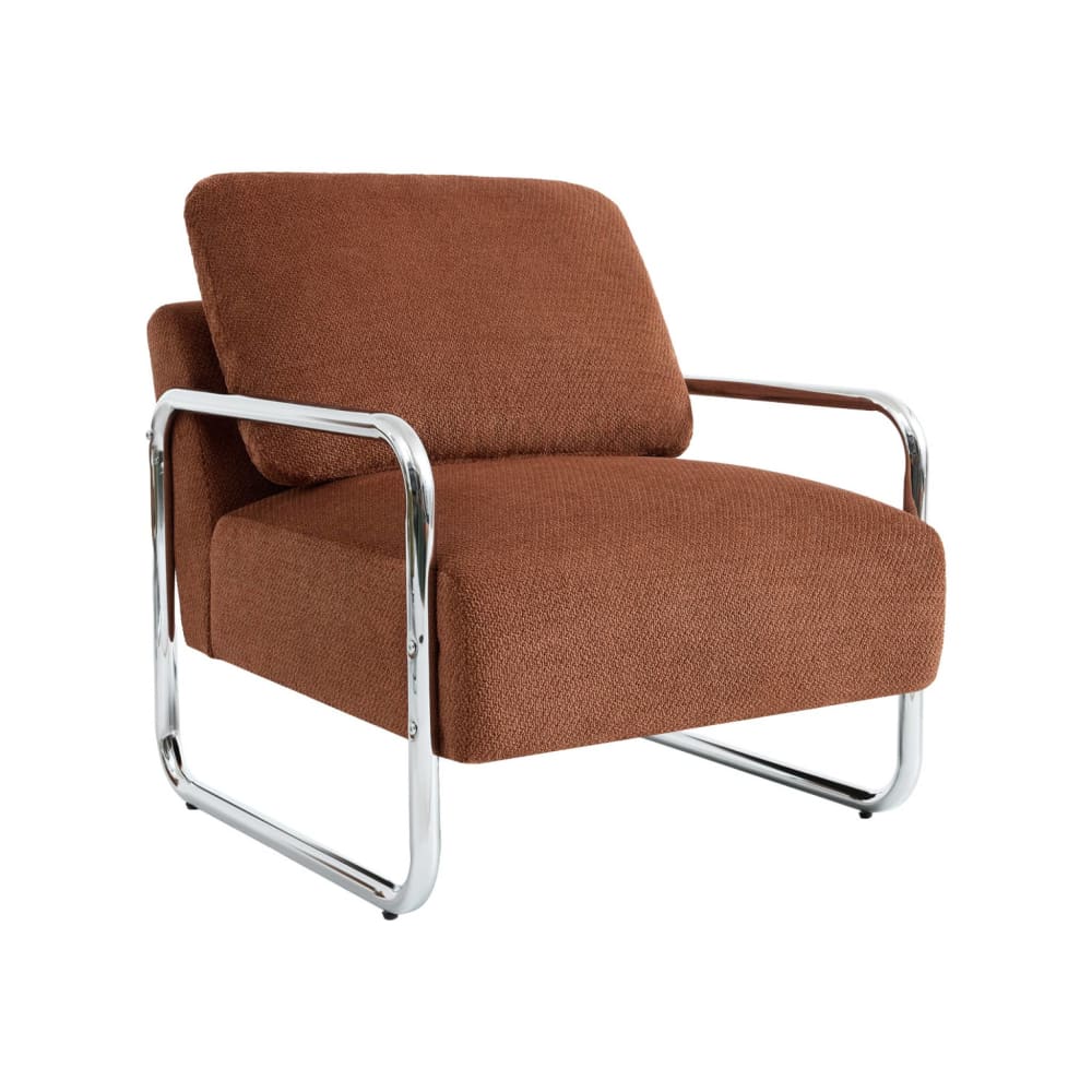 Fauteuil vintage tissu chenille armature chromée brique